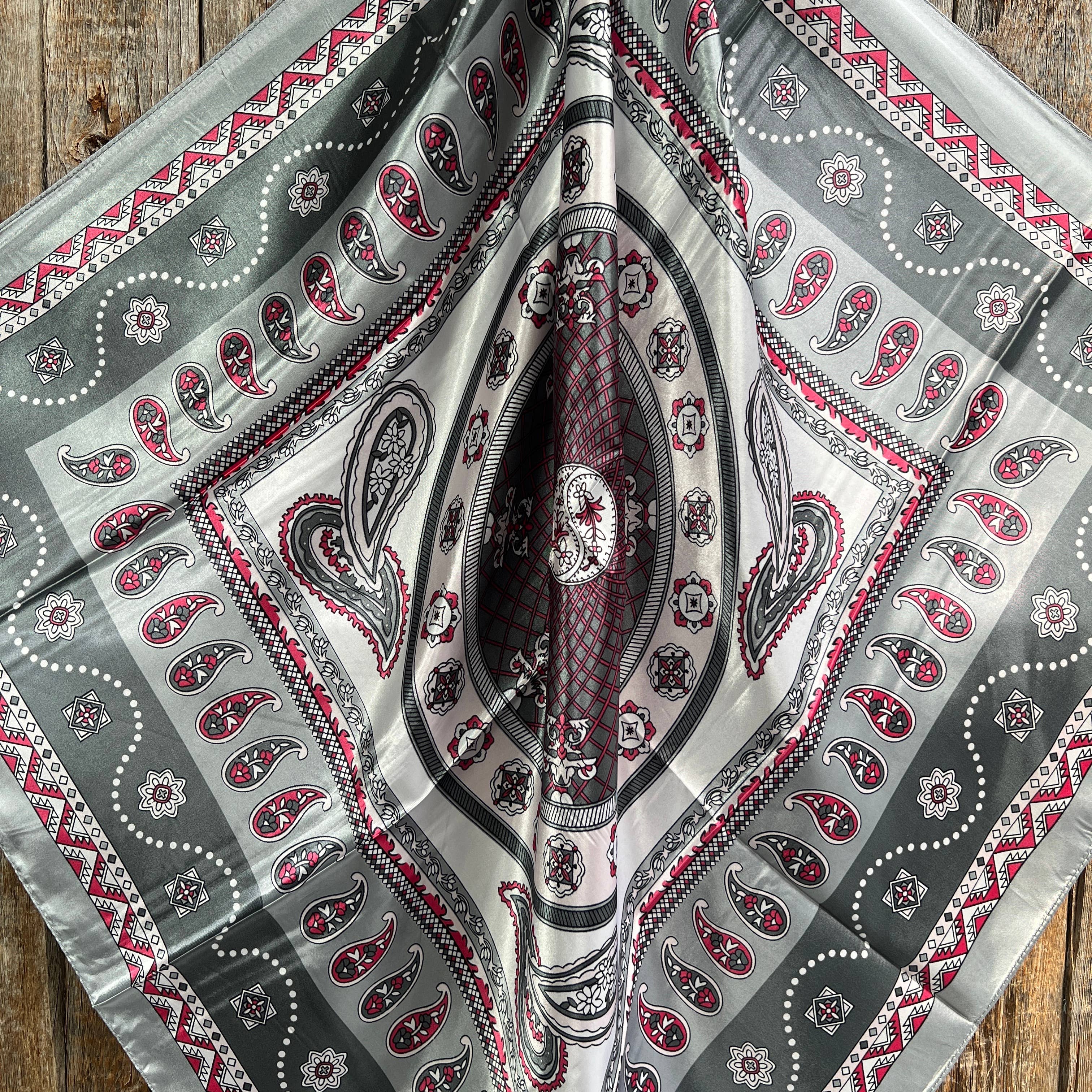 35X35"  Grey/Red/Pink Paisley Wild Rag/Scarf WR3404X